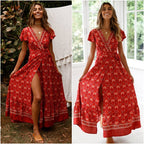 Floral V-Neck Ruffled Wrap Vacation Maxi Dress