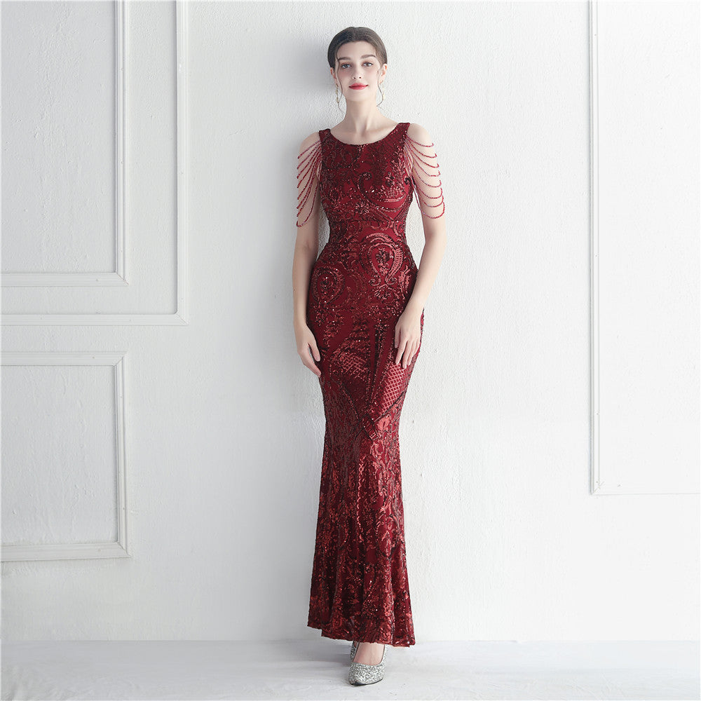 Women's Beaded Floral Sequin Star Wedding Prom Maxi Dress