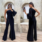 Autumn Elegant Women Patchwork Trousers High Waist Women Jumpsuit