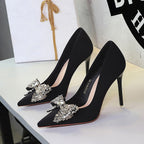 Fengshui Diamond Bow High Heels Pointed Toe Super High Heel Shoes Satin