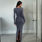 Women's Women Clothing Autumn Winter Slim Round Neck Solid Color Fold Split Long Sleeve Elegant Dress For Women