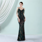 Women's Strappy Sequin Bridal Long Dinner Slim Fit Fishtail Wedding Gala Dress