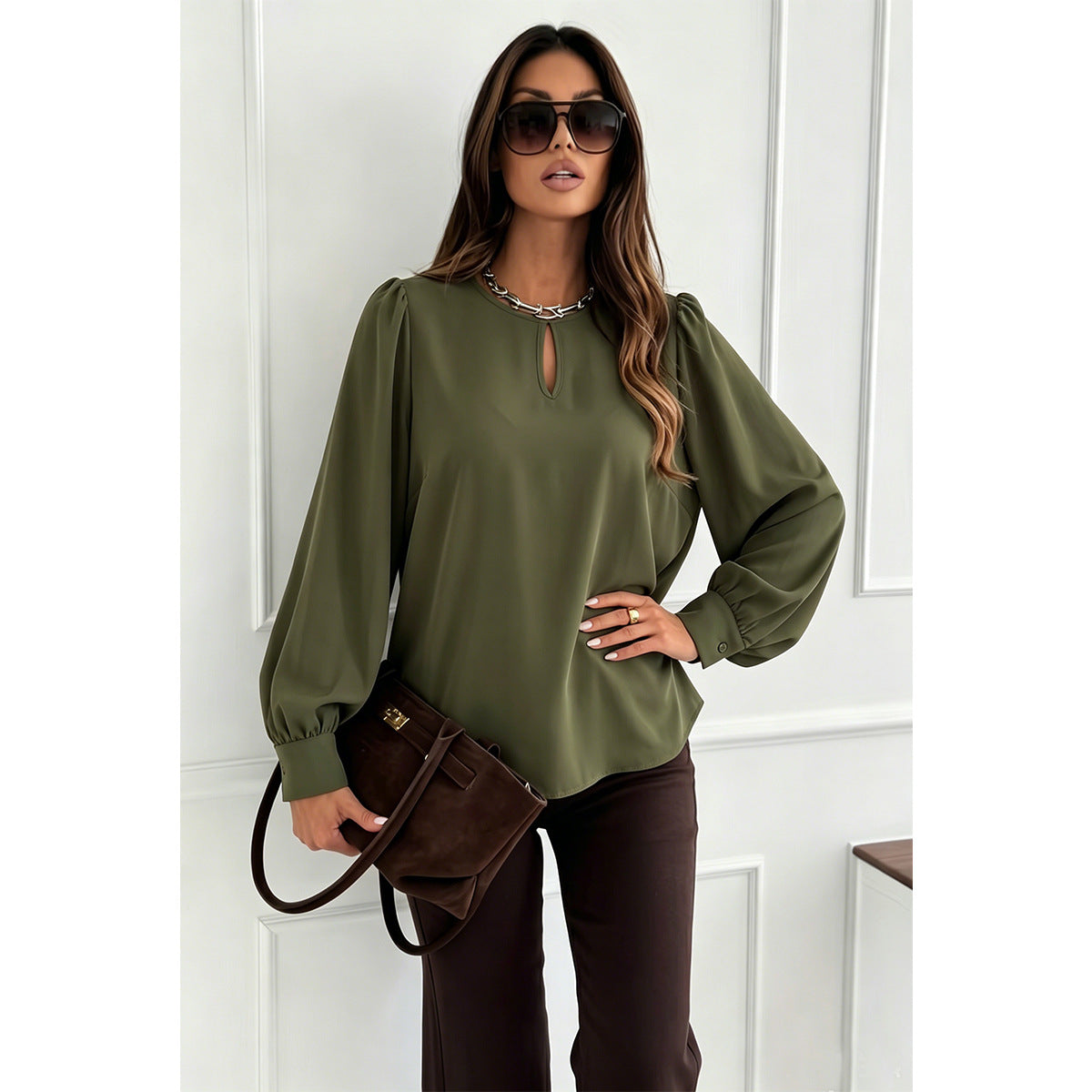 Women's Green Relaxed Long-Sleeve Office Top