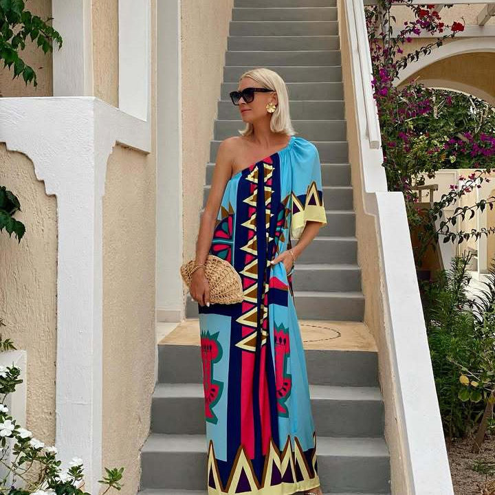 Asymmetric Shoulder Printed Vacation Dress