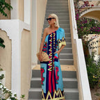 Asymmetric Shoulder Printed Vacation Dress