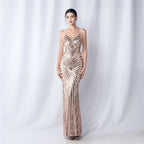 Women's Floral Cutting Beaded Wedding Event Sequin Strappy Night Dress
