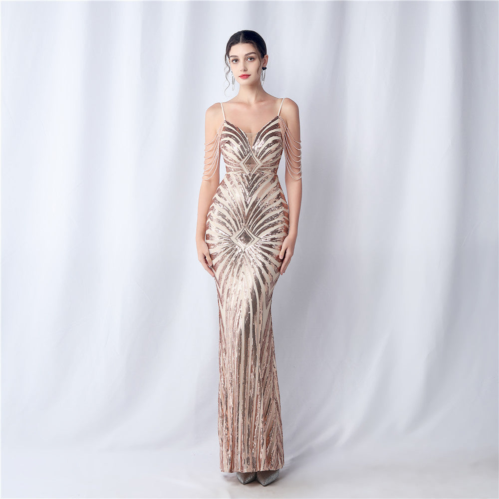 Women's Floral Cutting Beaded Wedding Event Sequin Strappy Night Dress