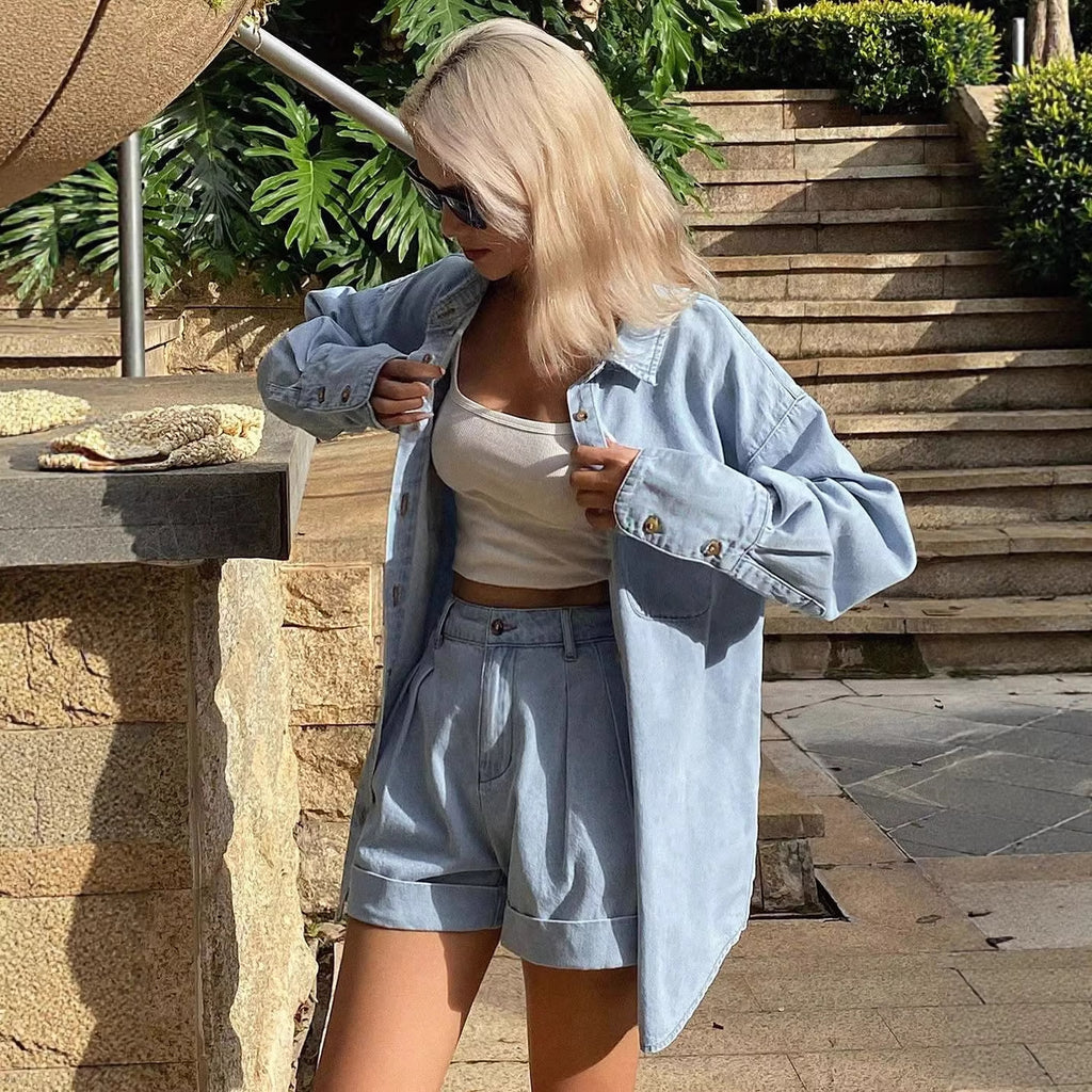 Women's Spring Summer Loose Lapels Top and Shorts Two-Piece Set