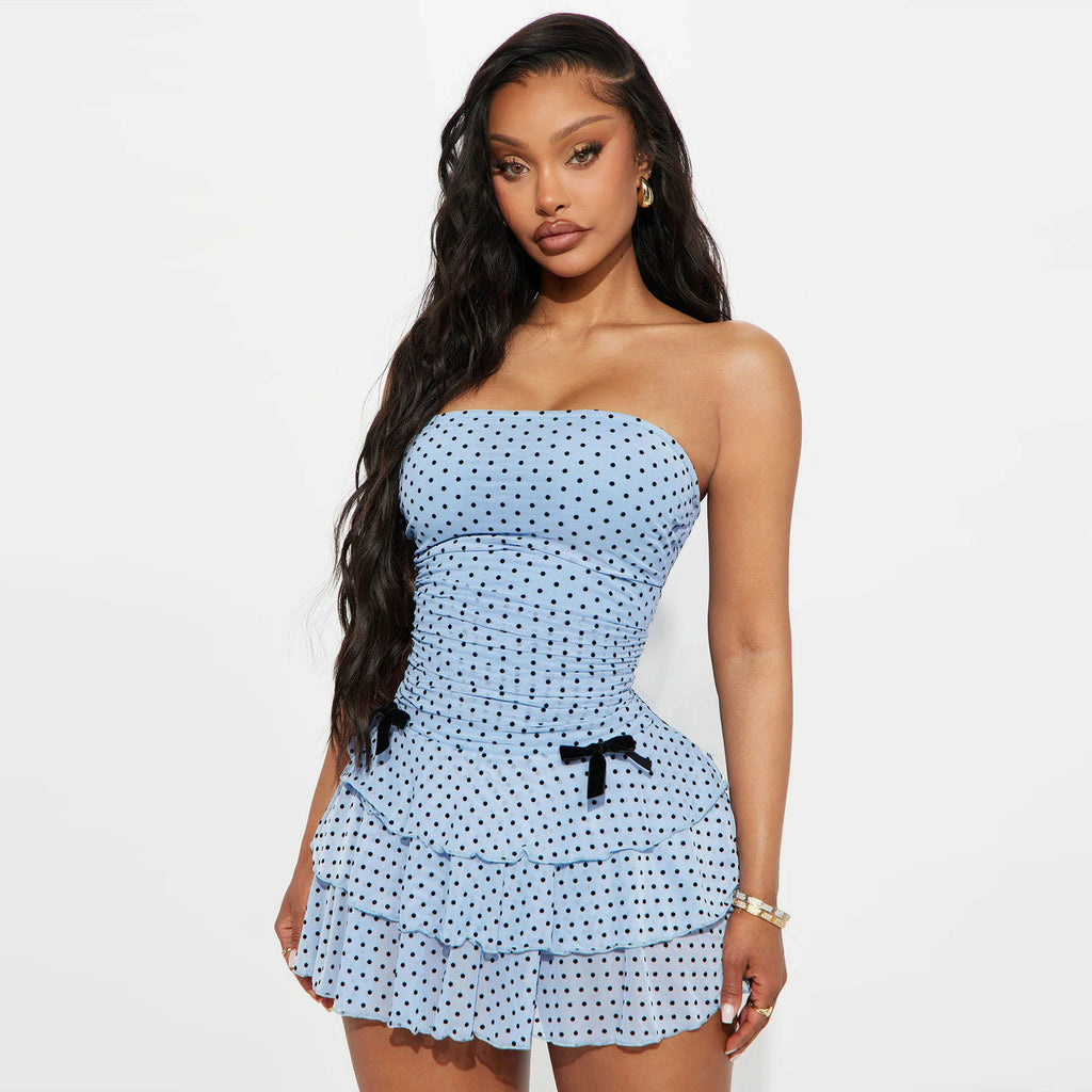 Women's Summer Polka Dot Bandeau Slim Fit Ruffled Sheath Dress