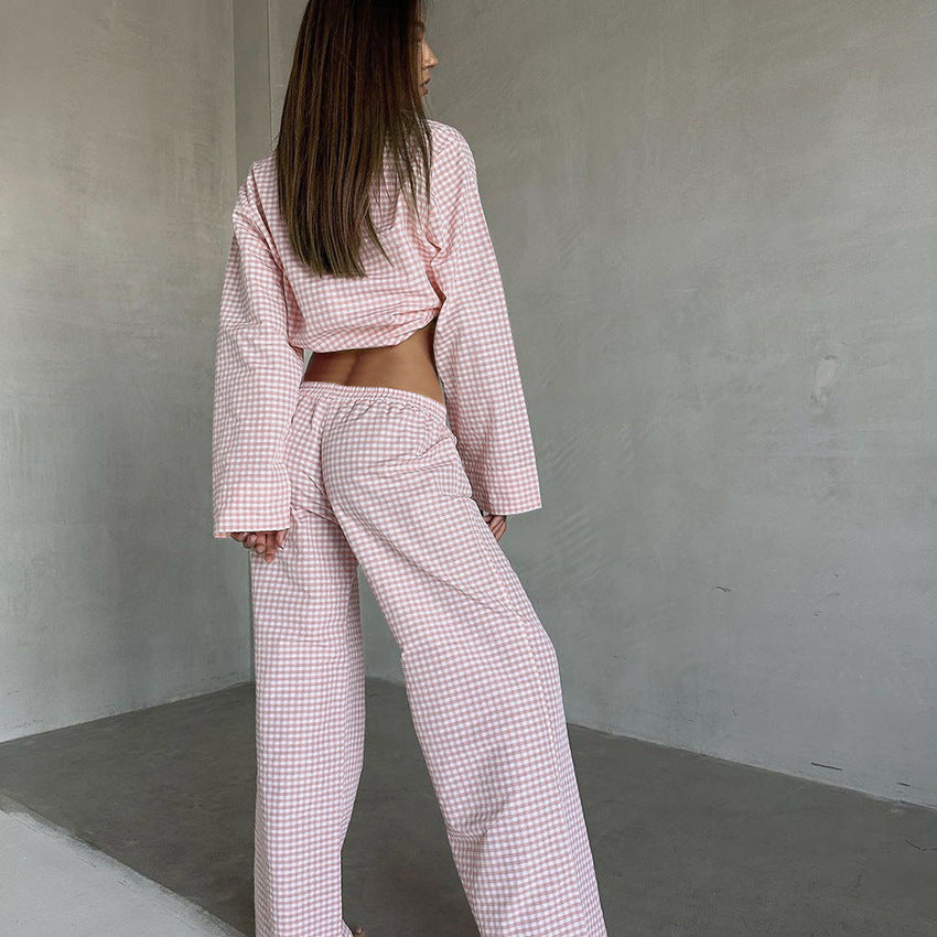 Spring Warm Pink Plaid Pure Cotton Fresh Long Sleeved Trousers Two Piece Set Ladies Homewear