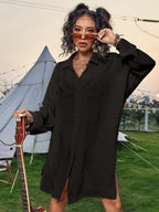 Cotton long one-piece swimwear in black, collared button-front long shirt dress