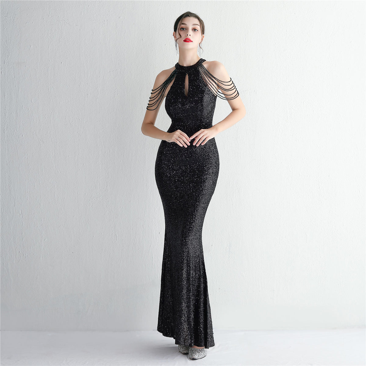 Women's Sequin Beading Cocktail Evening Dress Elegant Long Halter Slim Fit