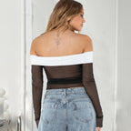 Women’s Zebra Print Sheer Mesh Off Shoulder Crop Top