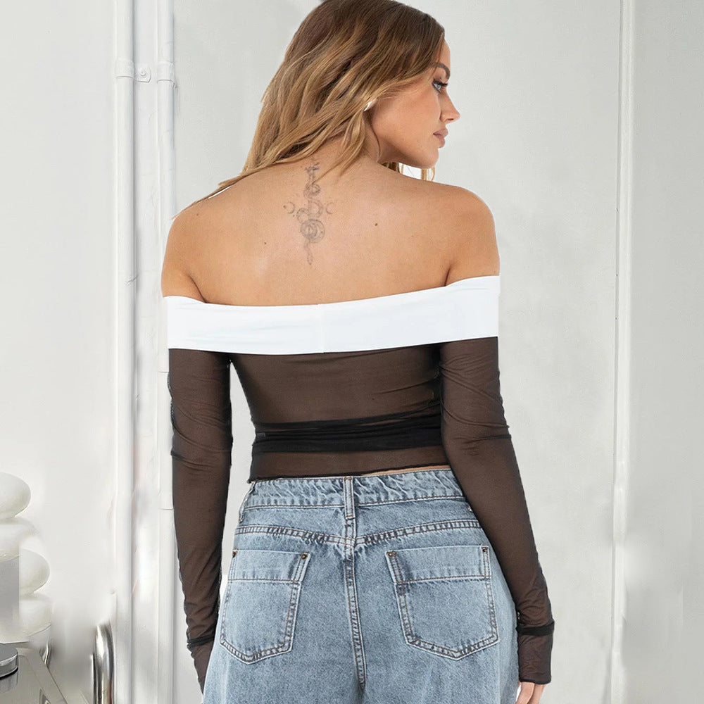 Women’s Zebra Print Sheer Mesh Off Shoulder Crop Top