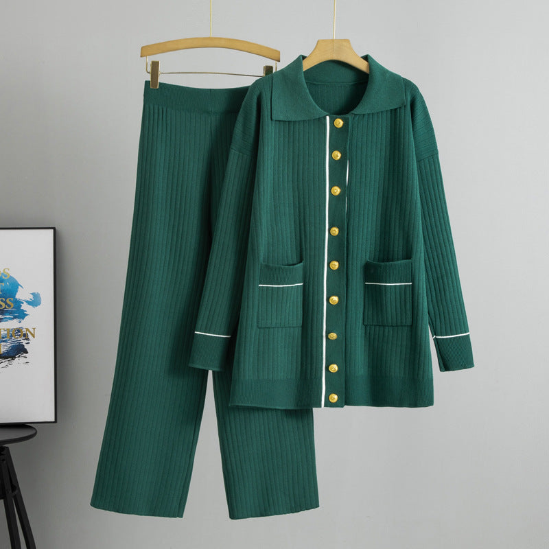 Autumn Winter Collared Contrast Color Casual Set High Waist Slimming