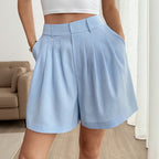 Fresh Solid Color High Waist Pleated Wide Leg Shorts