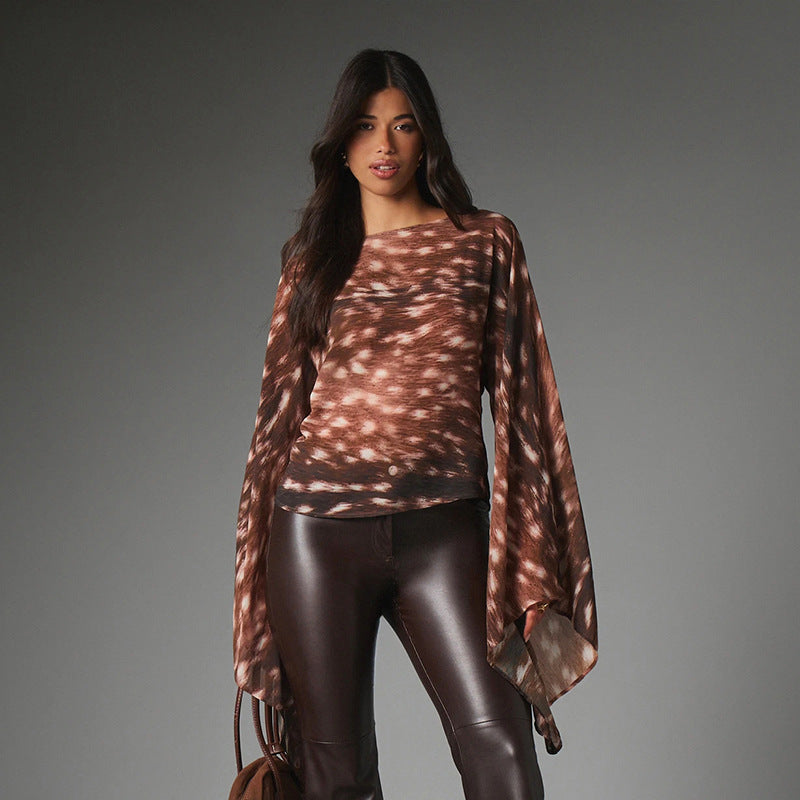 Women's Spring Casual Abstract Printing Batwing Long Sleeve Boat Neck Shirt