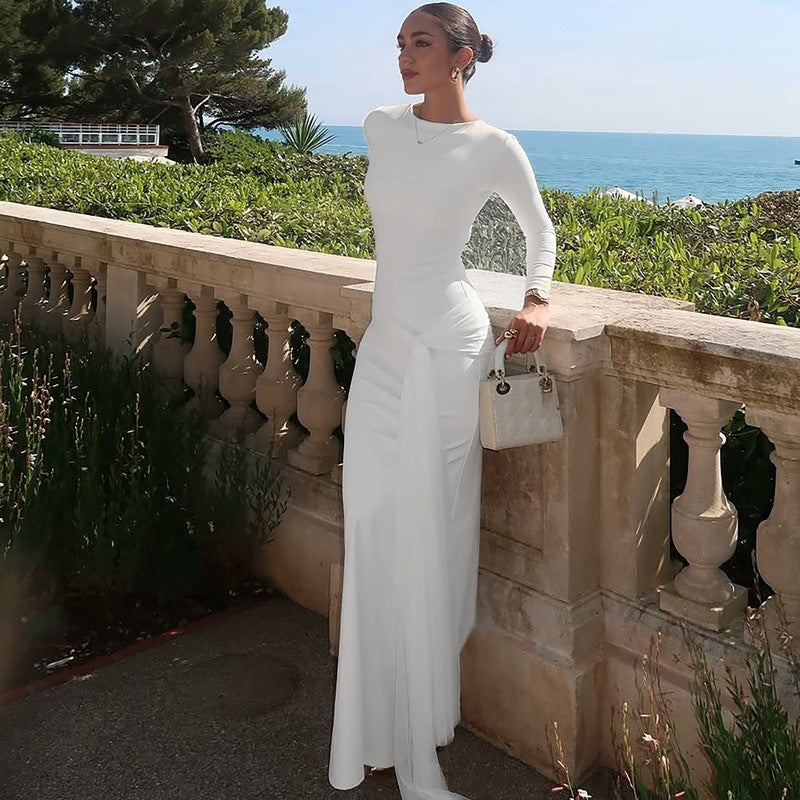 Fall round Neck Long Sleeve Fit Lace up Sheath Solid Color Dress