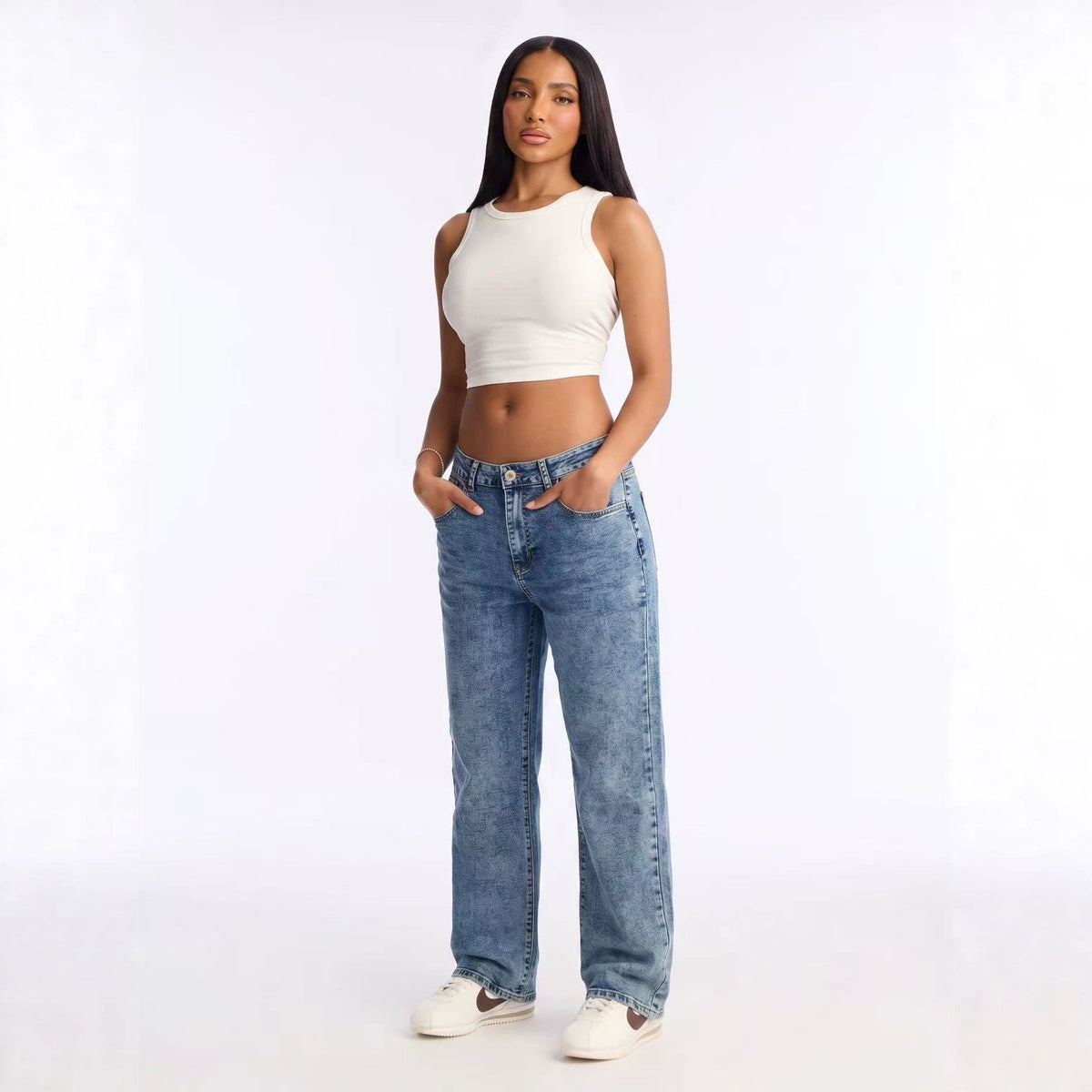 Women's Blue Distressed Straight-Leg Jeans