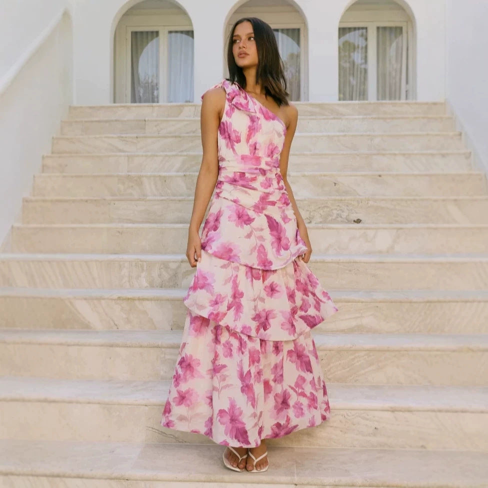 Tiered Multi Layer Printed Off Shoulder Maxi Dress