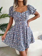Women's Spring Summer Elegant Floral Lace-Up Waist-Controlled Large Hem Dress Women Clothing