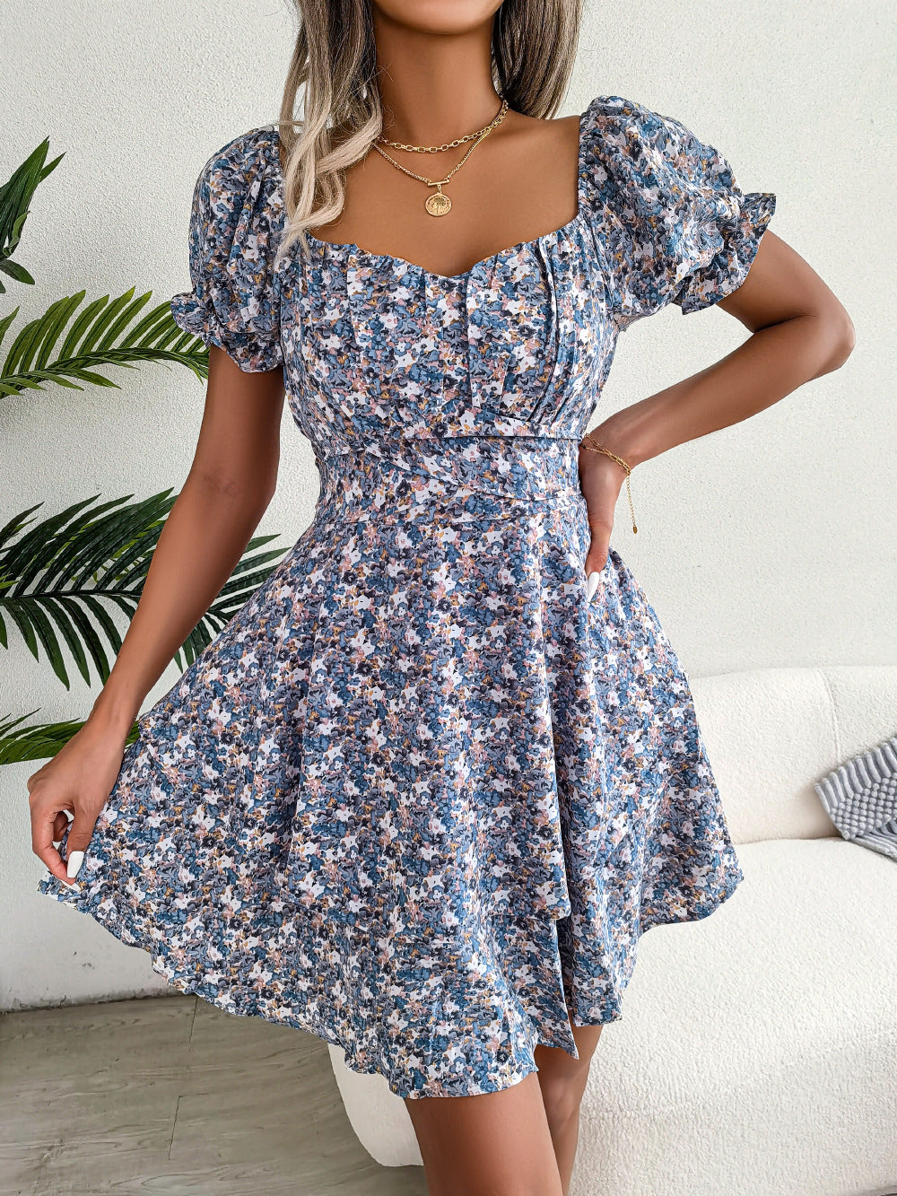Women's Spring Summer Elegant Floral Lace-Up Waist-Controlled Large Hem Dress Women Clothing