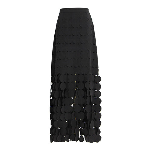 Women's Autumn Dignified Hollow Out Cutout Dot Design Slim Fit Slimming Skirt Mid Length Tassel Dress