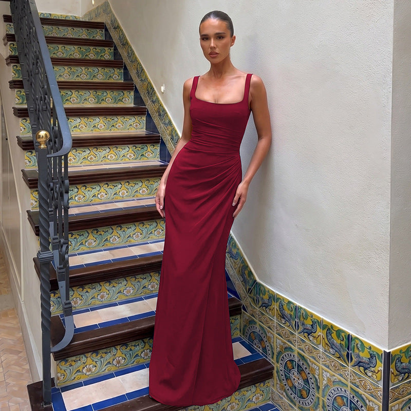 Square-Neck Pleated Slip Maxi Dress