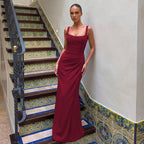 Square-Neck Pleated Slip Maxi Dress