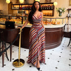 Slim Fit Women Printed Striped Color Matching A Line Spaghetti