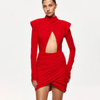 Padded-Shoulder Slim Long-Sleeve Dress