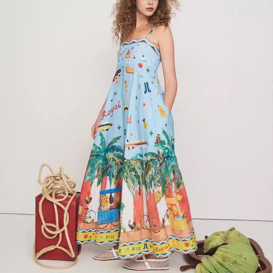 Women's Printed Suspender Maxi Dress