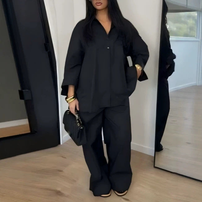 Women Summer Casual Loose Oversized Shirt Trousers Set