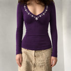 Women's Retro Floral Embroidered Slim Slimming Long Sleeved T Shirt Sexy V Neck Purple Autumn Winter Coat Inner Bottoming Shirt