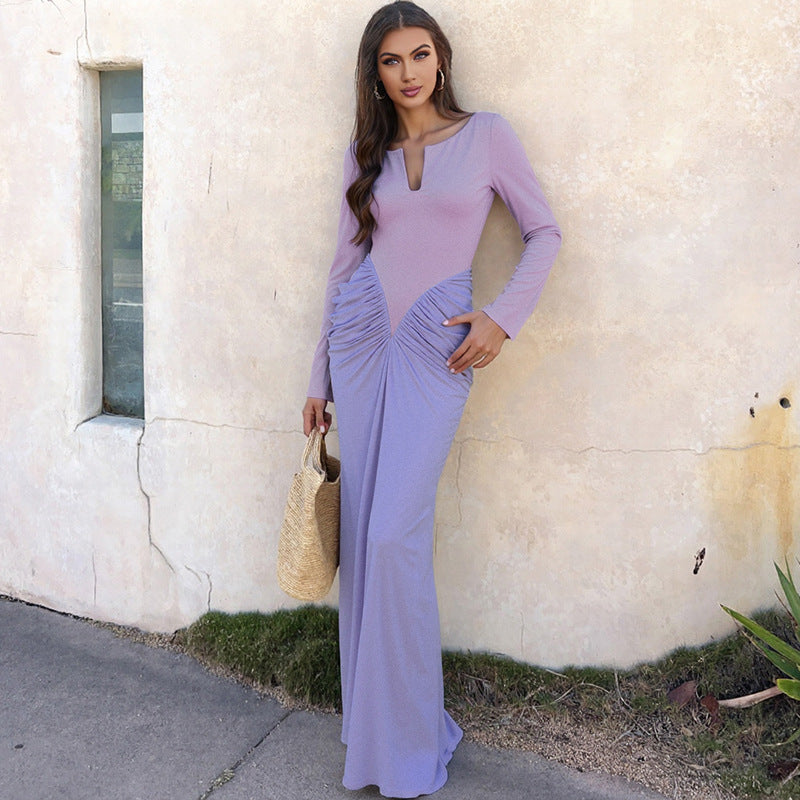 Women's Autumn Winter Women Clothing Colorblock Slim Pleated Long Sleeve Elegant Dress