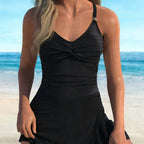Black one-piece swimsuit with V-neck, ruched front, and adjustable spaghetti straps