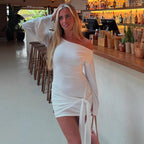 Women's One-Shoulder Tie Ruched Split Long-Sleeve Bodycon Mini Dress