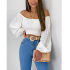 Women's Exposed Lantern Sleeve Off Neck Lacing Puff Sleeve Shirt
