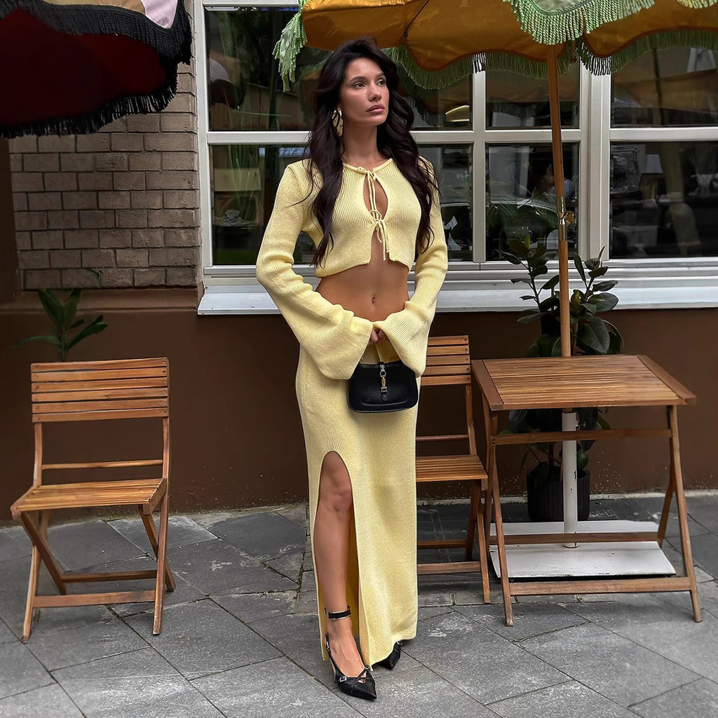 Women's Lace Up Long Sleeve Cardigan and Skirt Two-Piece Set