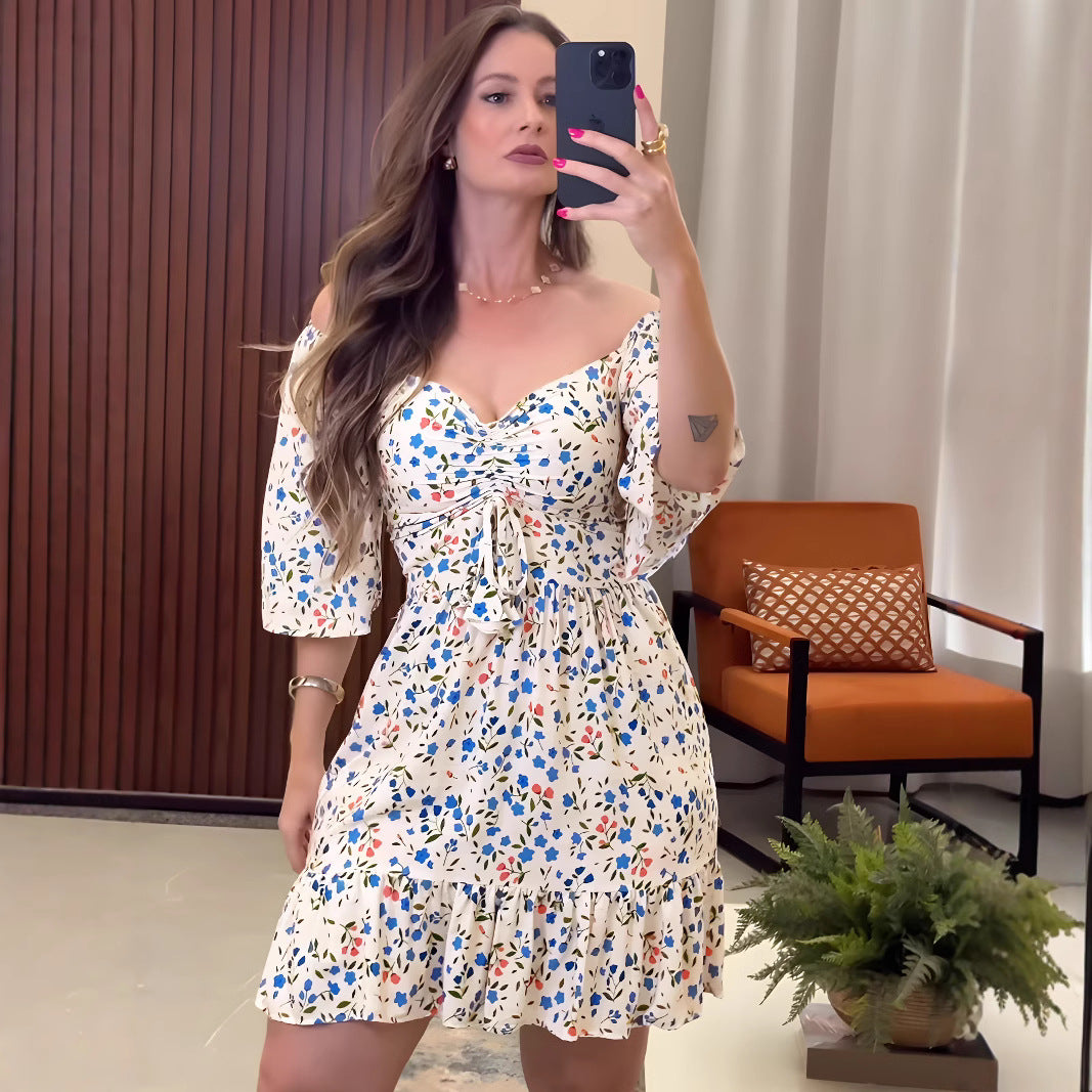 Small Floral V-Neck Pleated Summer Dress