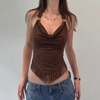 French Sexy Swing Collar Halter Top Summer Lace up Slim Fit