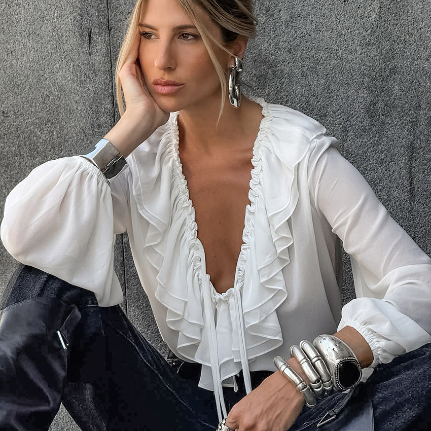 Women's V-Neck Ruffle Lace-Up Blouse