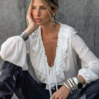 Women's V-Neck Ruffle Lace-Up Blouse