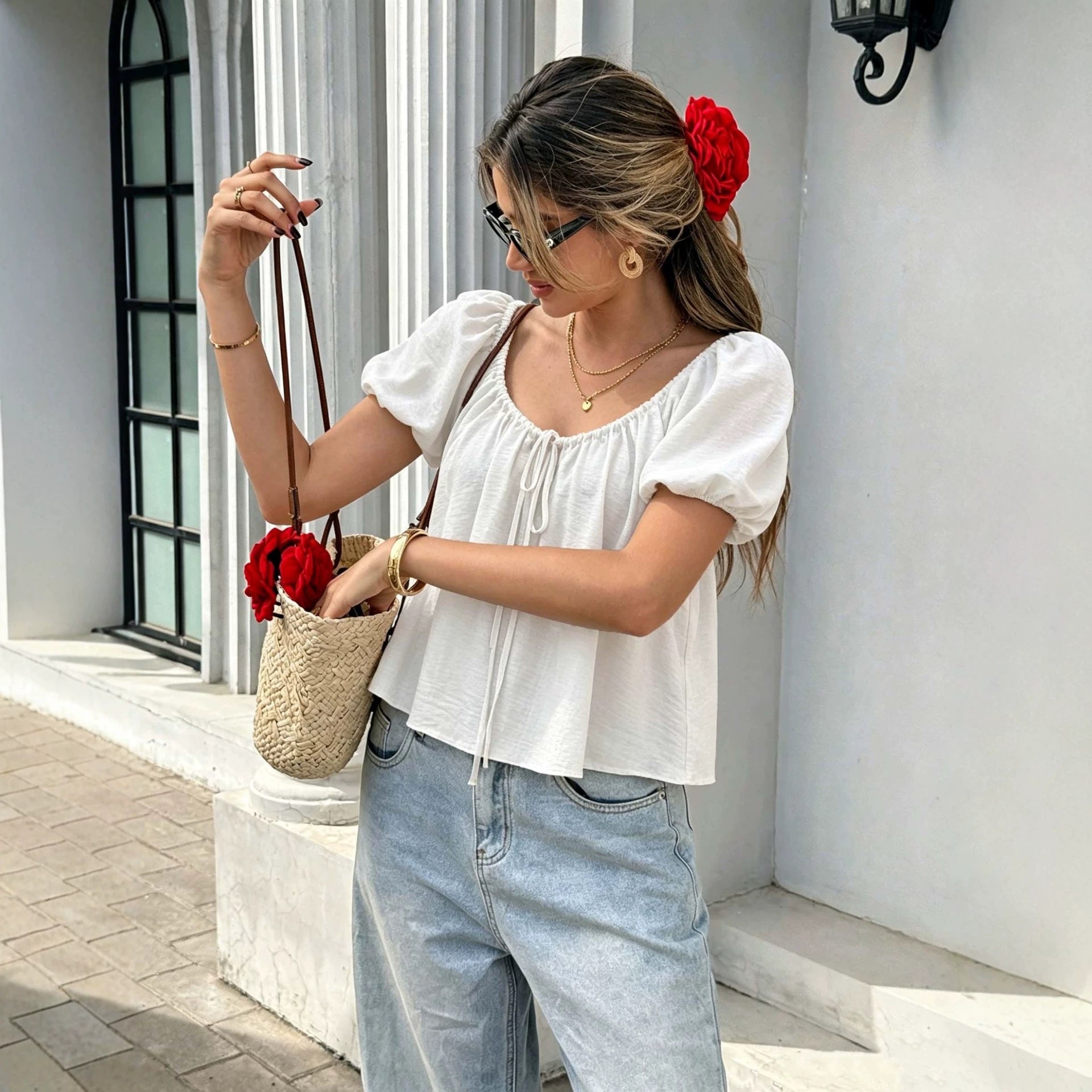 Puff Sleeve Short Sleeve T shirt Women U Collar Drawstring