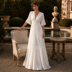 Women's White V-Neck Ruched A-Line Maxi Dress