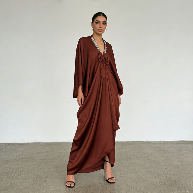 Women's Retro Lightly Mature Maxi Dress V-Neck Exquisite Rhinestone