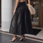 Women's High Waist Smocking Black Faux Leather Skirt Women Spring Autumn Skirt Mid Length Umbrella Skirt