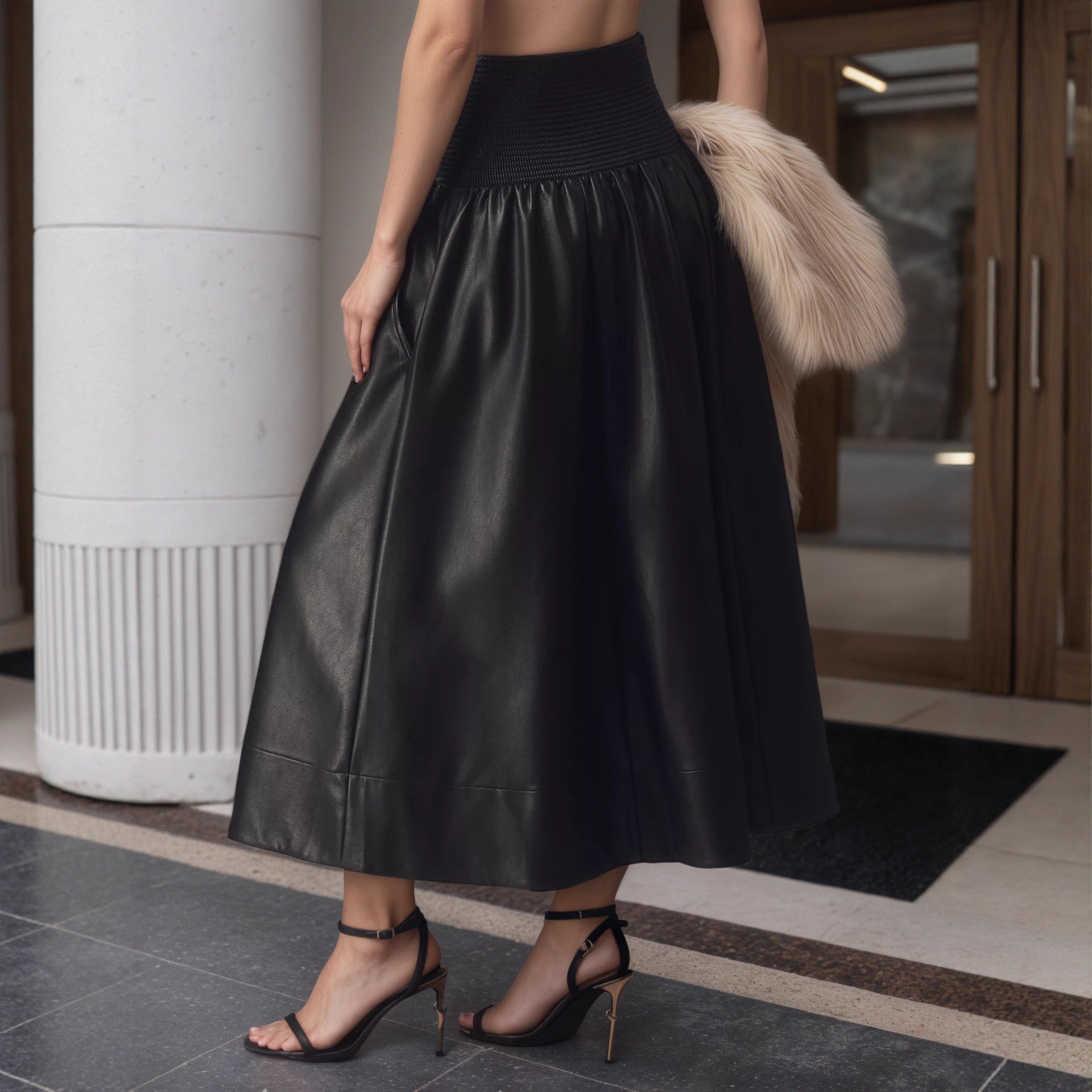 Women's High Waist Smocking Black Faux Leather Skirt Women Spring Autumn Skirt Mid Length Umbrella Skirt