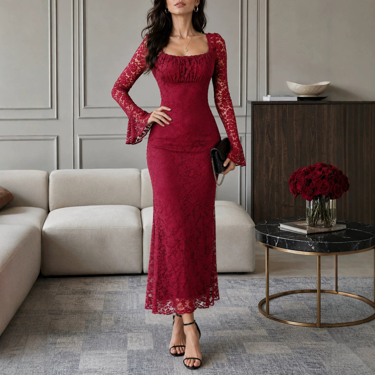 Women's Autumn Elegant Mesh Square Collar Lace Dress