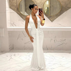 Halter Deep V Ruched Fishtail Maxi Dress